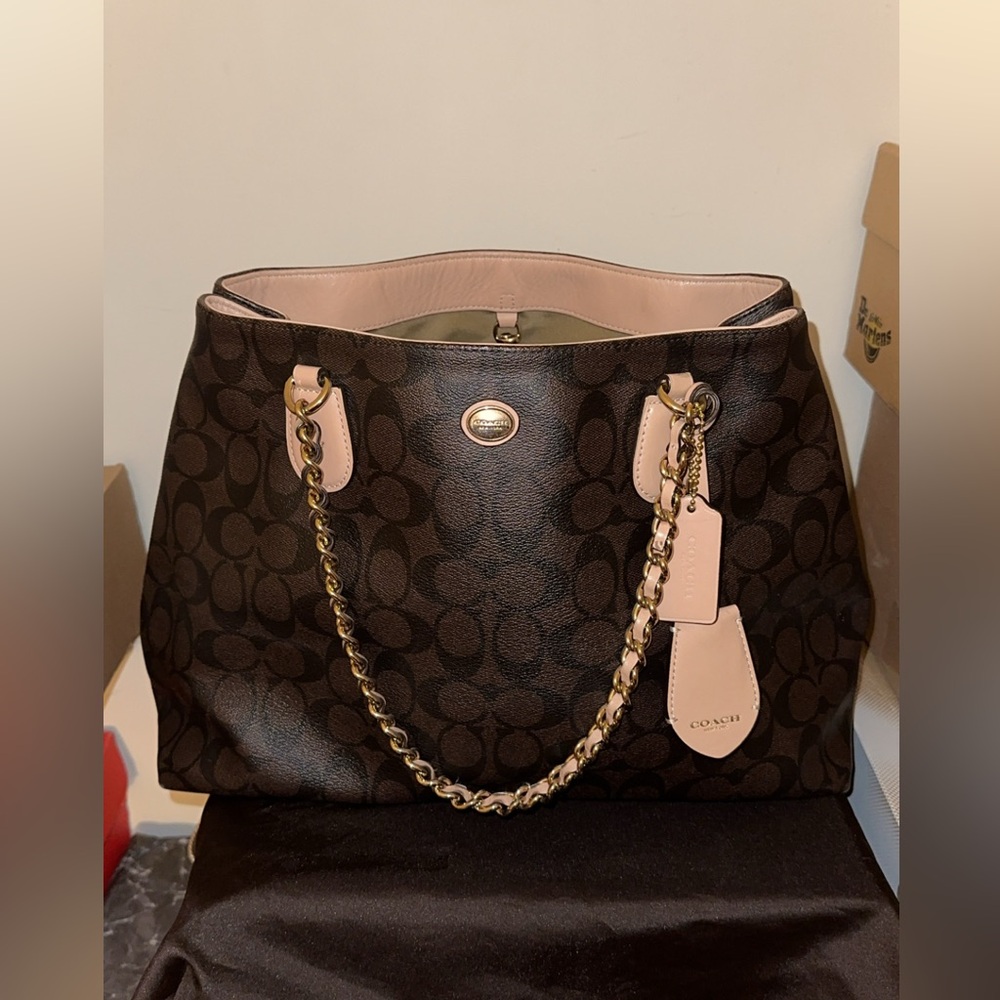 Coach Brown Signature Tote with Blush Pink Trim and Gold Chain Handles